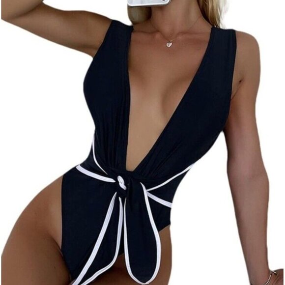 Hilinker‎ Womens S One Piece Bathing Swim Suit Front Tie Bow Black Deep V Neck - Picture 7 of 8